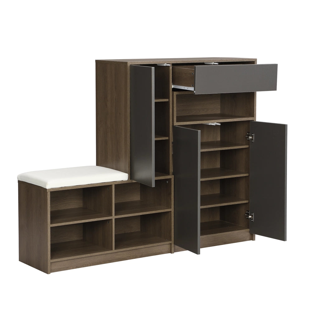Mobile portascarpe con seduta imbottita; 4 ripiani regolabili e porte a pressione per ingresso; grigio; 140 × 35 × 110 cm