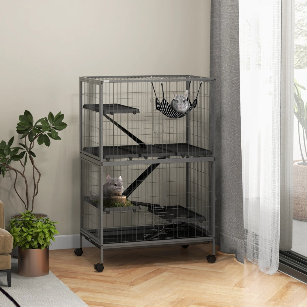 Gabbia per piccoli animali a 4 livelli con 4 porte, 4 ruote, fondo estraibile e piattaforme in acciaio grigio