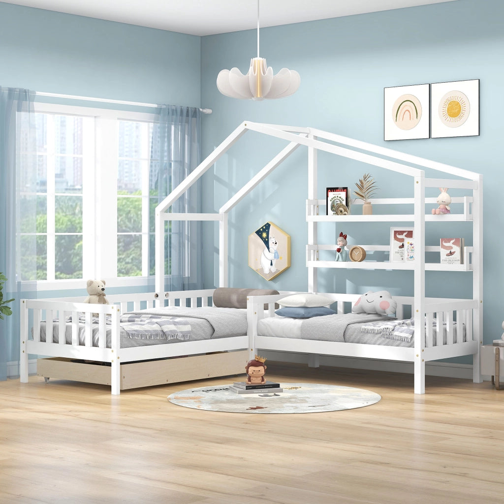 Letto a casa per bambini bianco con cassetti e mensole in legno massello e mdf struttura l 90x200 cm