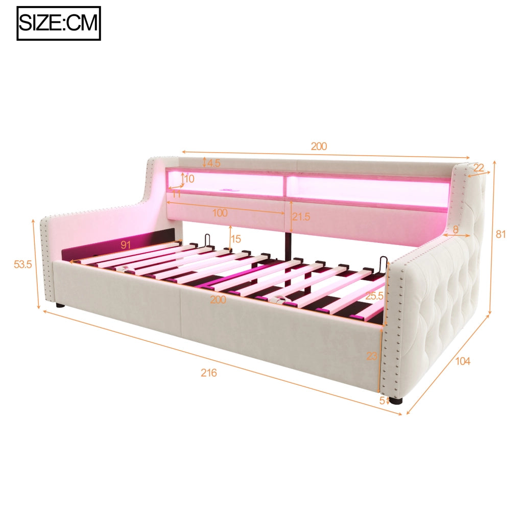Divano letto 90x200 cm; con LED e vano contenitore; velluto beige