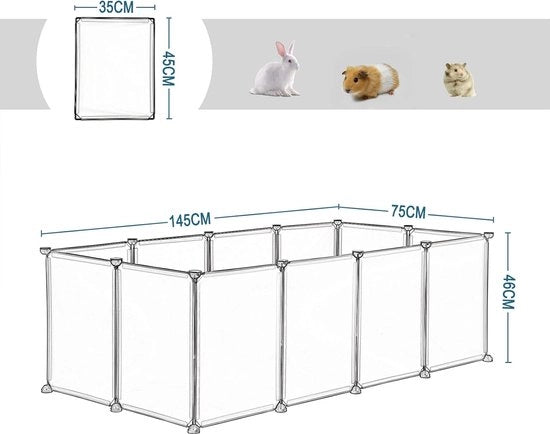 Recinzione per Cani, Gatti & Conigli con Porta - Recinzione per Gatti - Materiale Plastico e Metallico - 142x72x46 cm - Translucido