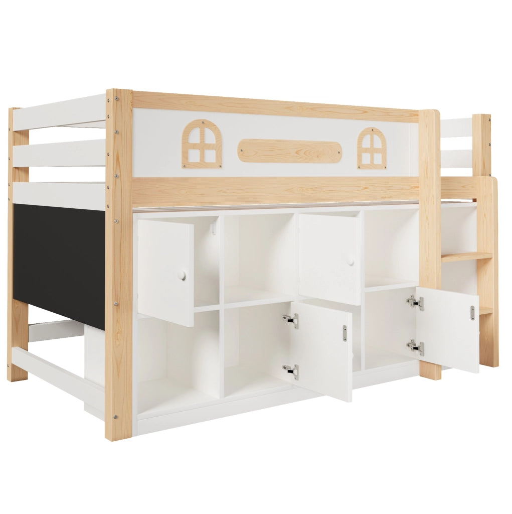 Letto a soppalco 205x94.5x120 cm; con lavagna; scomparti e scala; senza materasso; in pino e MDF; bianco naturale