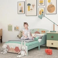 Letto per Bambini 3-6 Anni con Bordi Rialzati, Doghe e Fantasia con Animali, 140x70 cm, Verde