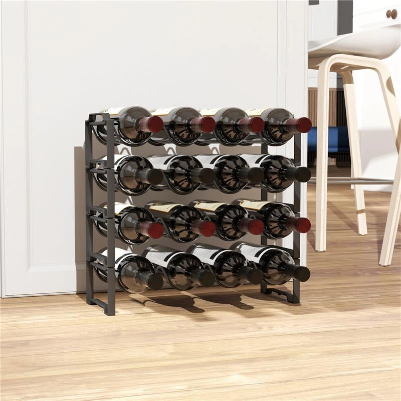 PORTABOTTIGLIE A 4 LIVELLI A ONDA IMPILABILI PER 16 BOTTIGLIE IN METALLO 42.5X16.5X41 CM NERO