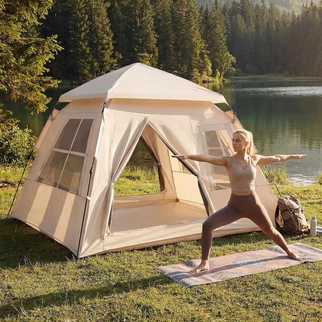 Tenda da Campeggio 3-4 Persone, Tenda Familiare con 4 Finestre Antizanzare Traspiranti e 2 Porte, Telo Antipioggia Rimovibile e Protezione Solare, Facile da Montare
