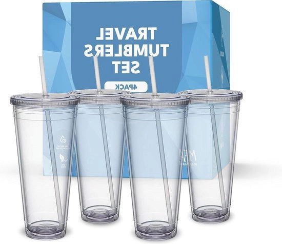 Bicchieri riciclabili in plastica rigida con coperchio e beccuccio - a doppia parete - 700 ml - BPA libero - 4 pezzi
