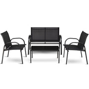 Set mobili da giardino con 4 pezzi per chiacchierare, Sedie da cortile in ferro e tessuto a rete con tavolino in vetro, Nero-Set mobili da esterno