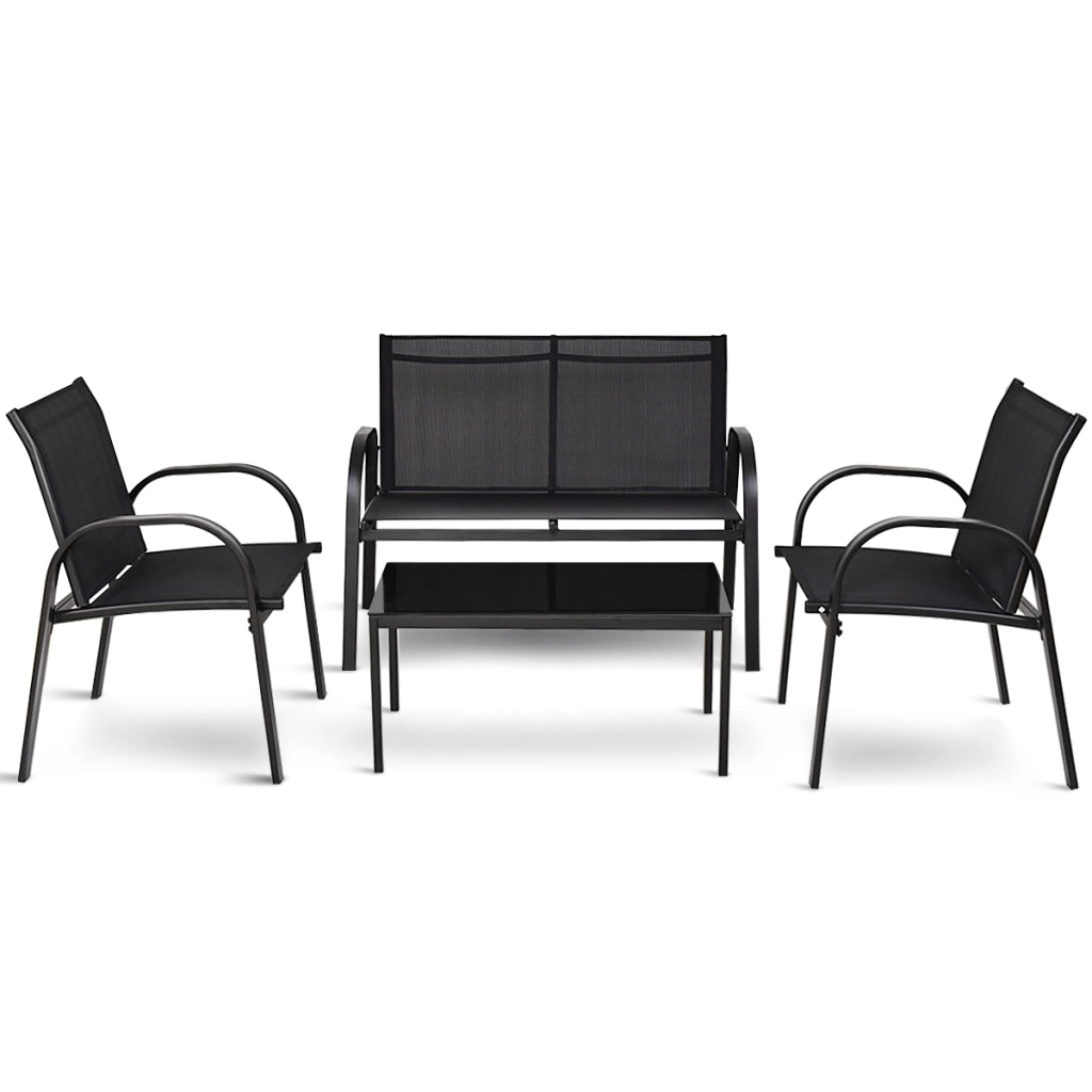 Set mobili da giardino con 4 pezzi per chiacchierare, Sedie da cortile in ferro e tessuto a rete con tavolino in vetro, Nero-Set mobili da esterno
