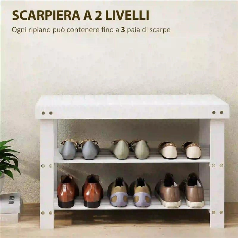 PANCA SCARPIERA BASSA IN BAMBÙ CON 2 RIPIANI A DOGHE E SEDUTA, 70X28X45 CM, BIANCO