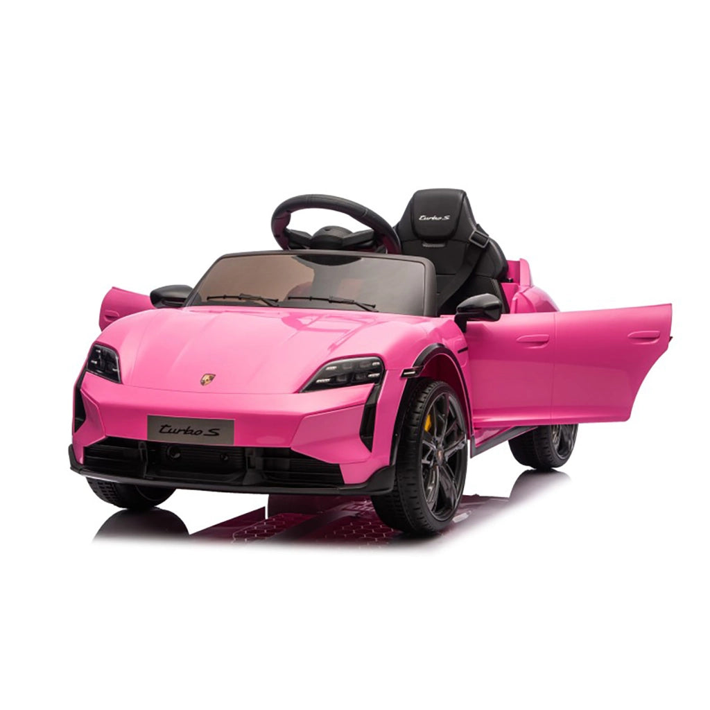 Macchina Elettrica per Bambini Porsche Taycan Turbo S 12V con Telecomando Bluetooth Luci LED e Tappetini Rosa