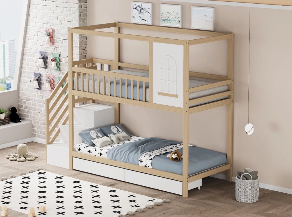 Letto a castello 90x200 cm con scala e cassetti; sponde di sicurezza in legno colore naturale