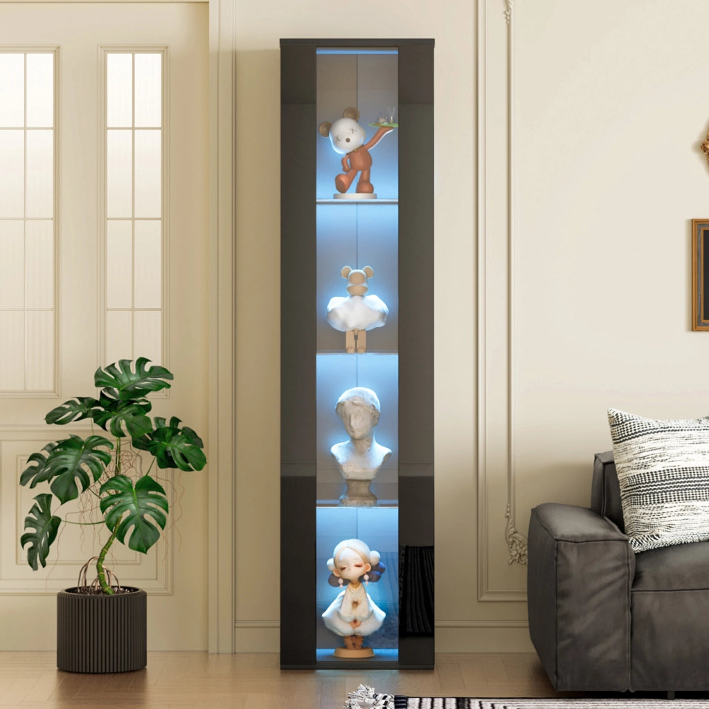 OKWISH Vetrina con 4 Livelli, Illuminazione LED con Cambio Colore, per Soggiorno, Nero, 40 x 29 x 170 cm