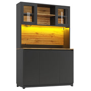 Credenza da Cucina Alta con Vani Aperti; Ante in Acrilico; LED e Vano Portarifiuti; Nero; 120 x 40 x 180 cm