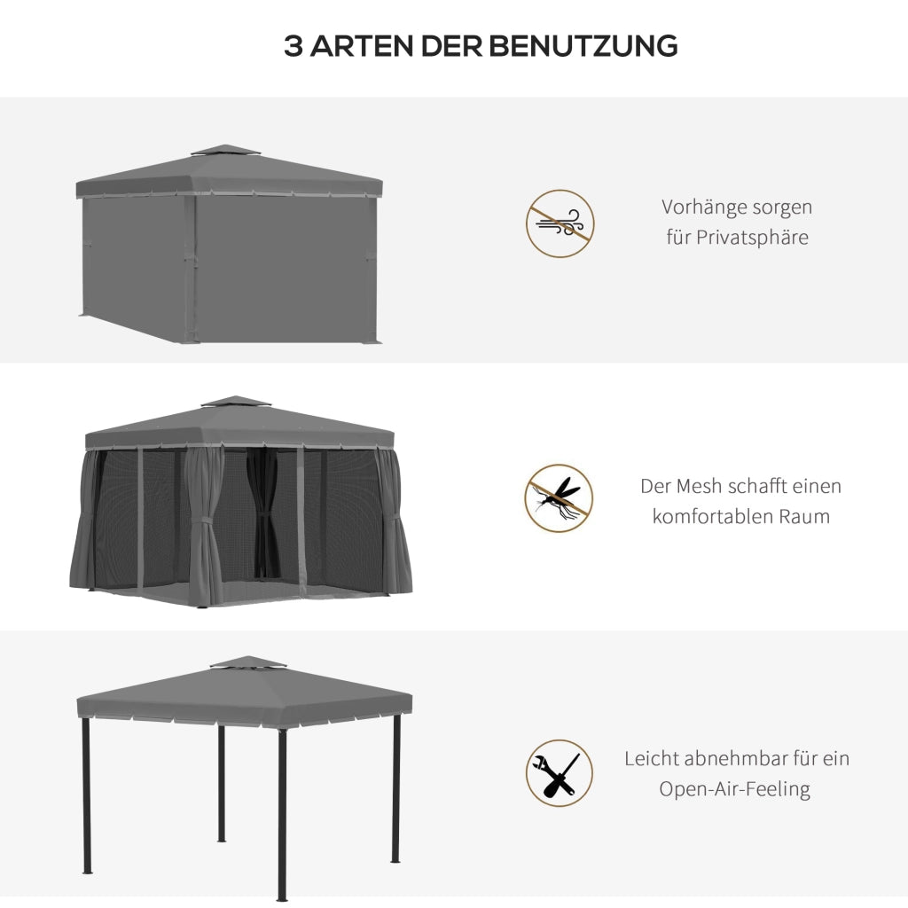 Padiglione Da Giardino – Doppio Tetto Con Zanzariera – 2,96 X 2,96 M – Alluminio – Grigio Scuro – Privacy E Ombra – 4 Tendaggi Rimovibili