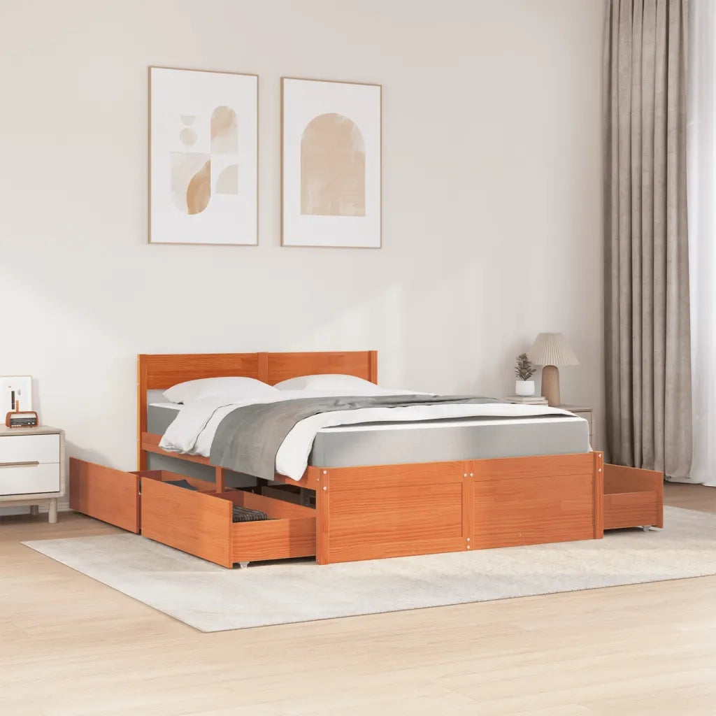Letto Cassetti e Materasso Marrone Cera 120x190cm Massello Pino 3281918
