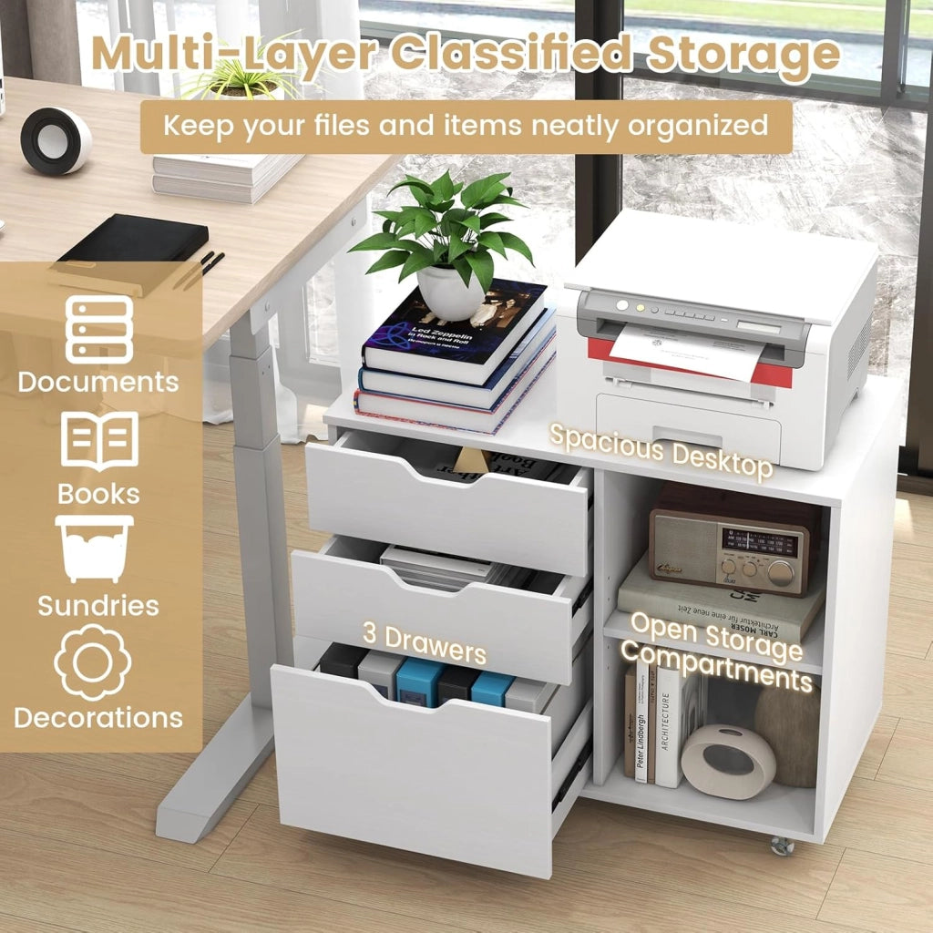 Cassettiera per ufficio con ruote, mobile portaoggetti da scrivania con 5 ruote, 3 cassetti, 2 scomparti, mobile per stampante rotelle, armadio di documenti per formato lettera, A4, legale