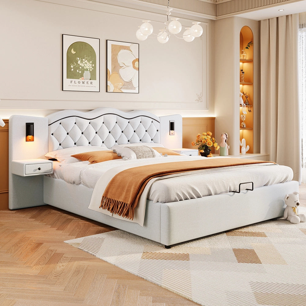 Letto a cassone - Xylo - 180x200 cm - Beige - Capitonn??, connessione USB, due lampade da comodino