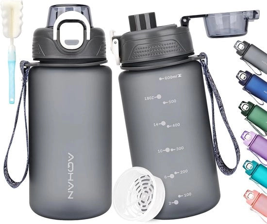 Bicchiere da sport 600 ml, BPA-vrij, adatto per bevande gassate, flacone sportivo con filtro, impermeabile, bicchiere da sport motivante per bicicletta, fitness, camminata e scuola