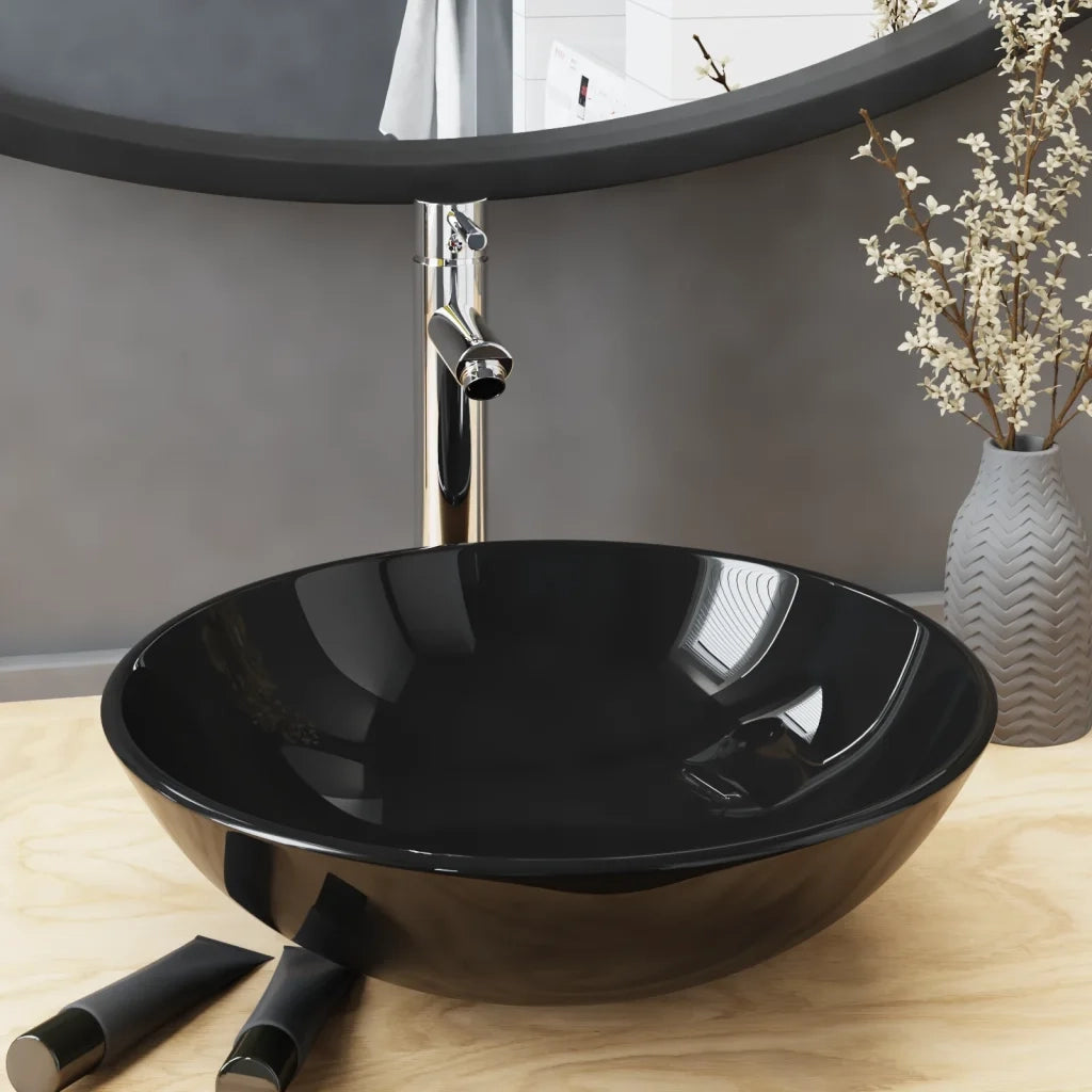 Lavandino-Lavabo-Lavello Bagno con Rubinetto e Piletta in Vetro Temperato Nero 403305