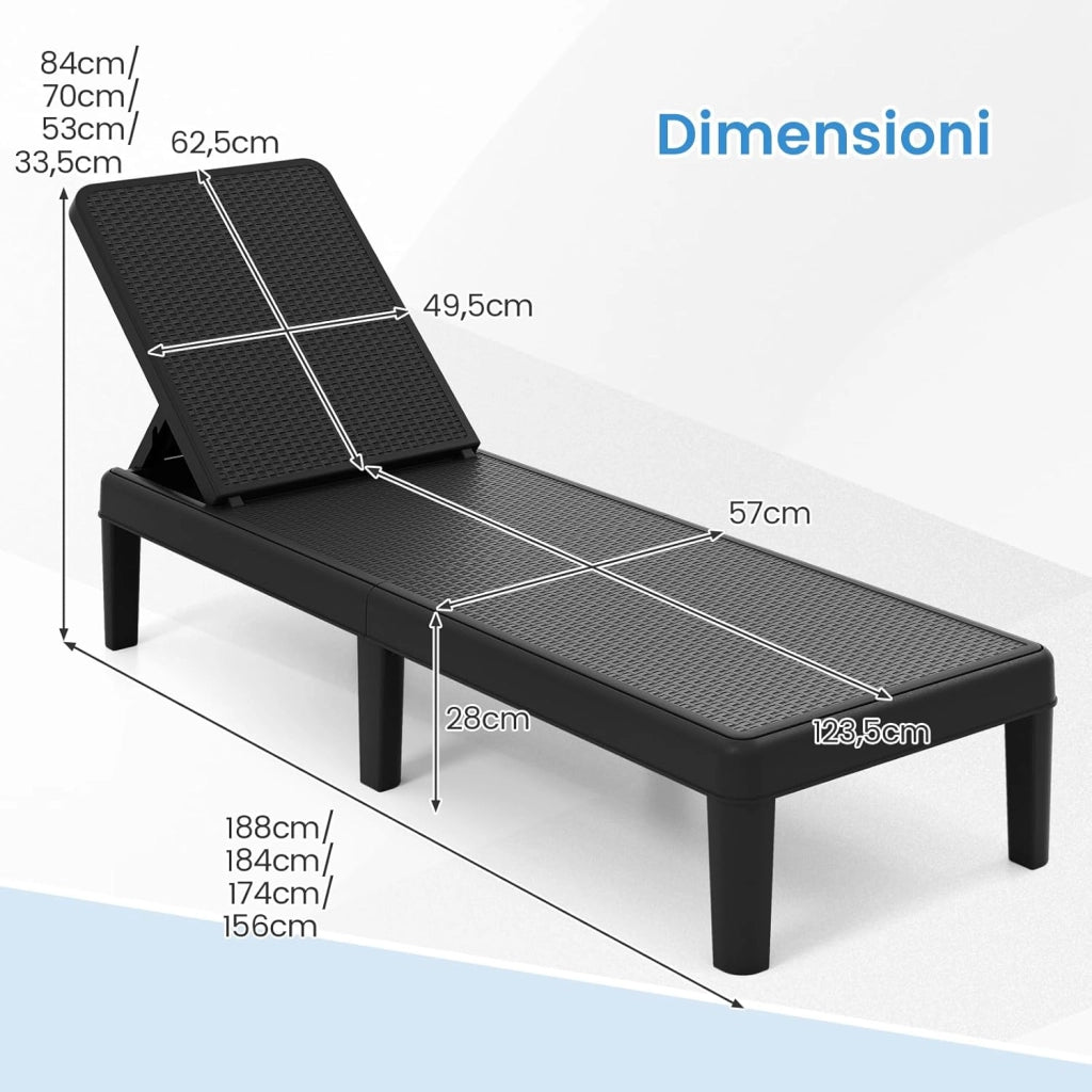 Lettino Prendisole da Giardino, Sdraio con Schienale Inclinabile a 4 Livelli, in PP Rattan, Resistente alle Intemperie, per Esterno, Terrazza, Balcone, Spiaggia e Mare, Portata 150 kg (Nero)
