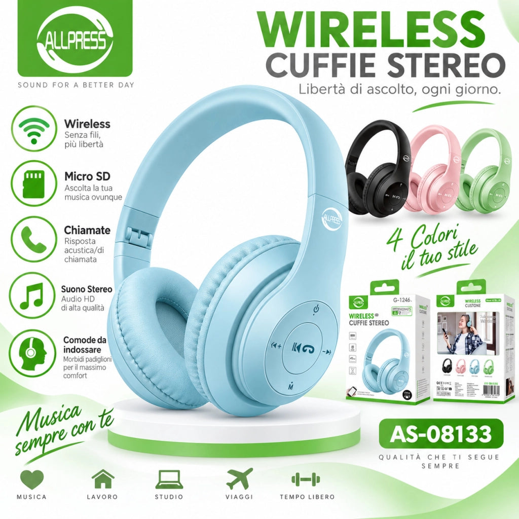 CUFFIE WIRELESS ALLPRESS STEREO MICRO SD MUSICA CHIAMATE OVER EAR AS-08133