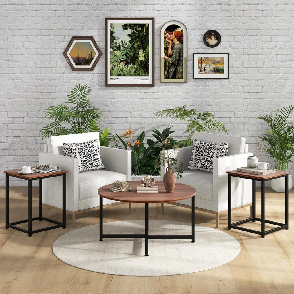 Set di 3 Tavolini da Salotto, Tavolino con Struttura Robusta in Ferro, Set di 3 Tavoli da Divano, 1 Tavolino Rotondo e 2 Tavolini Quadrati, con Piedini Regolabili (Noce)
