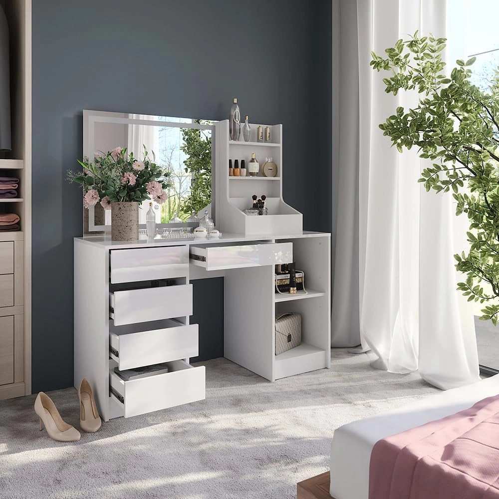 Tavolo da toeletta Sherry, Bianco/bianco lucido, 128.2 cm 3 parti