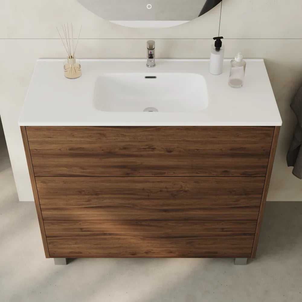 Mobile bagno a terra 100cm  tre cassetti push&pull rovere barok con lavabo bianco lucido | Yaku