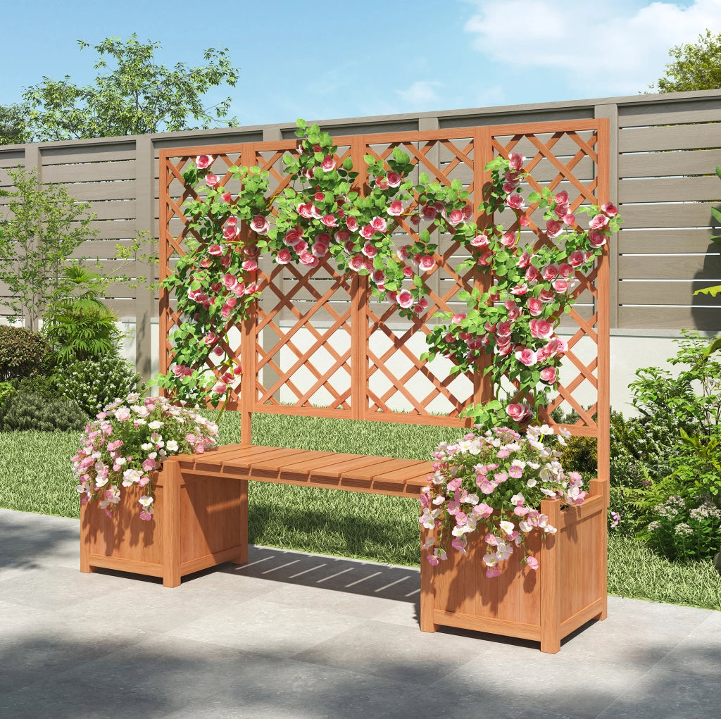 Fioriera con grigliato 169x145x42 cm con seduta; in legno marrone