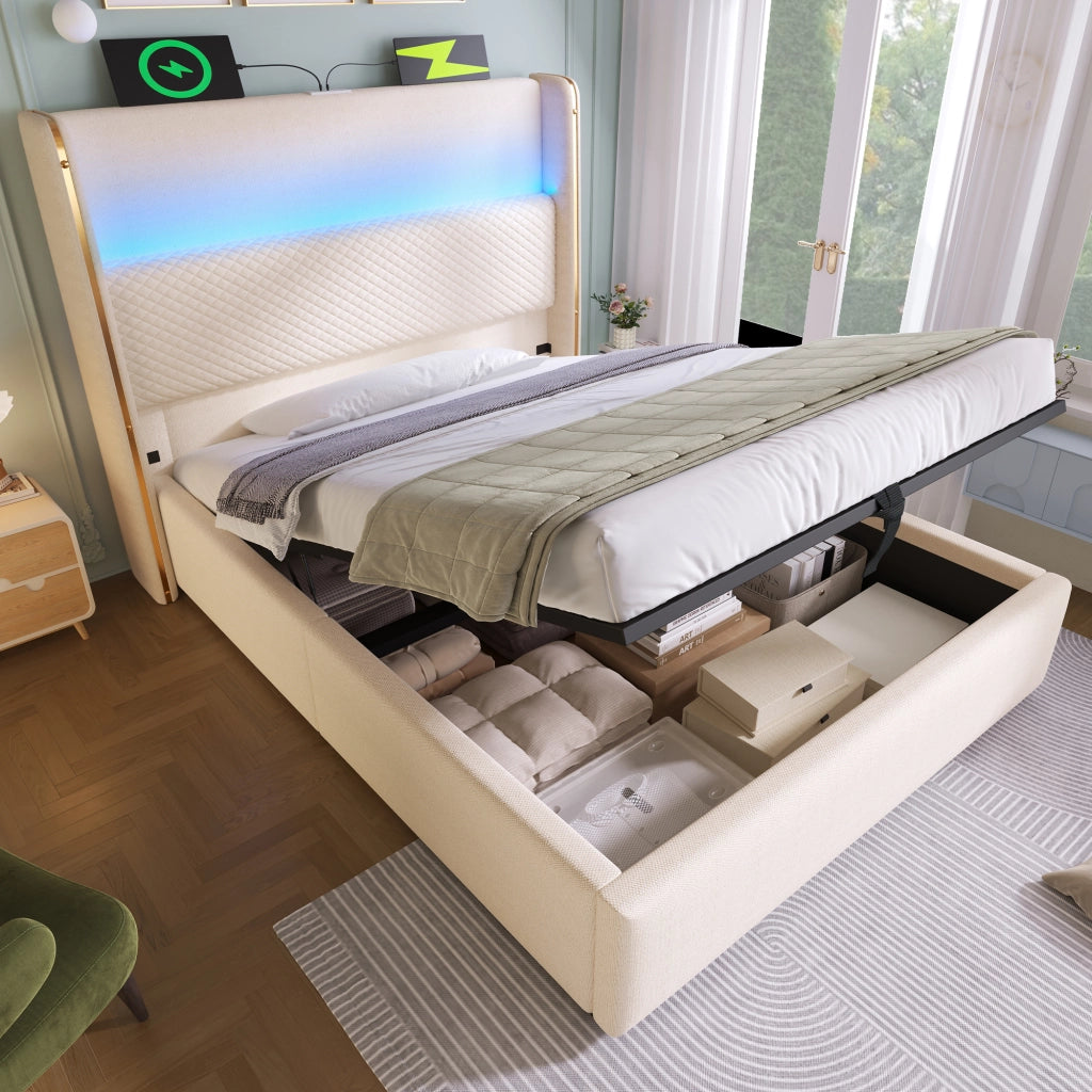 LETTO Contenitore idraulico 90x200 cm con materasso incluso, testiera alta Beige