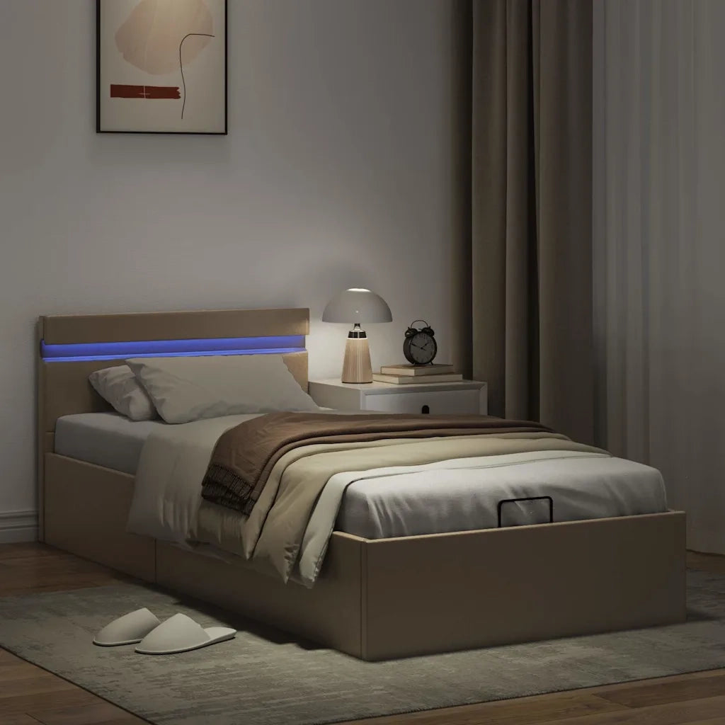 Letto singolo | Letto per adulti | Giroletto Idraulico con LED Cappuccino Similpelle 90x200 cm