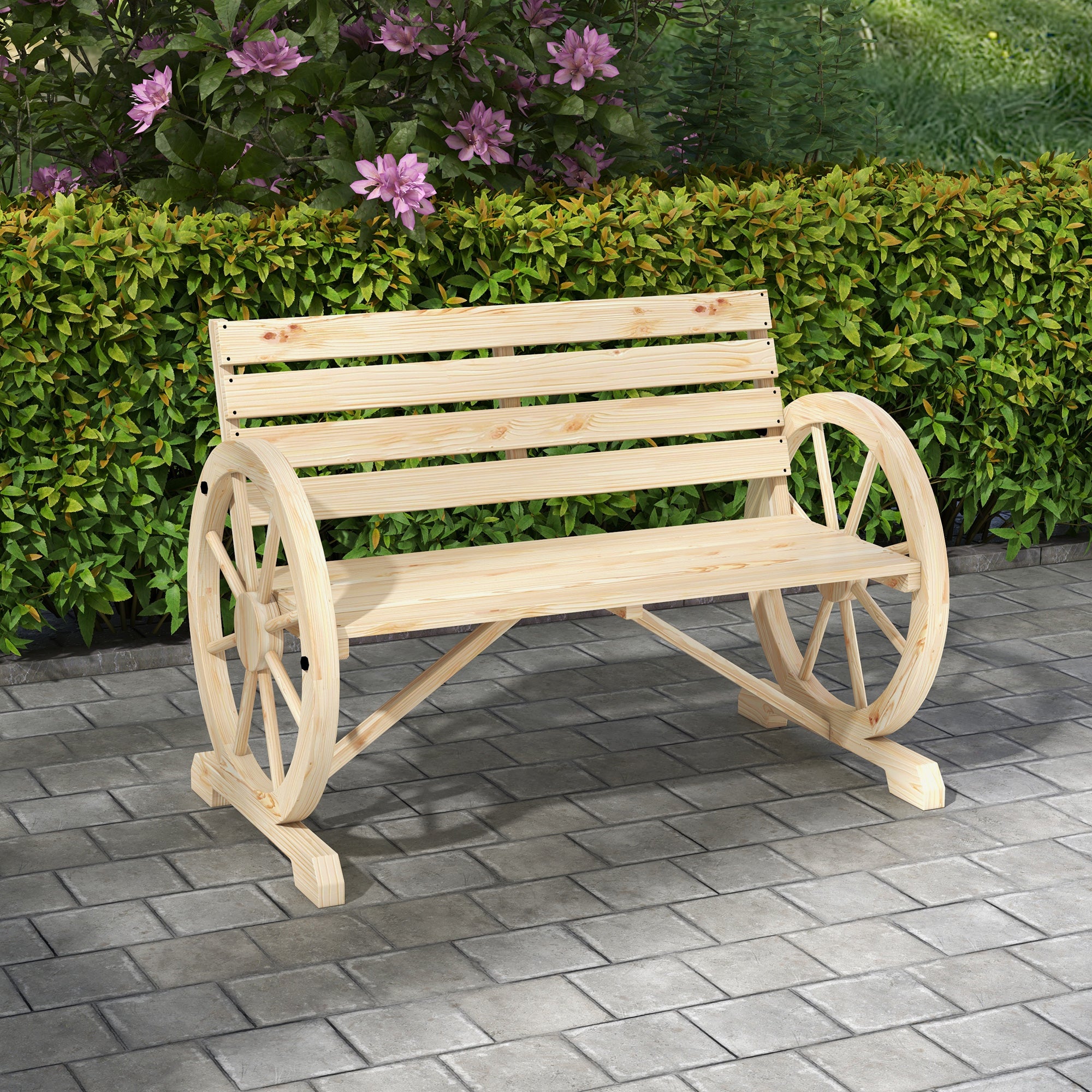 Panchina da Giardino 2 Posti 105,5x56x79 cm con Braccioli a Ruota di Carro in Legno a Doghe