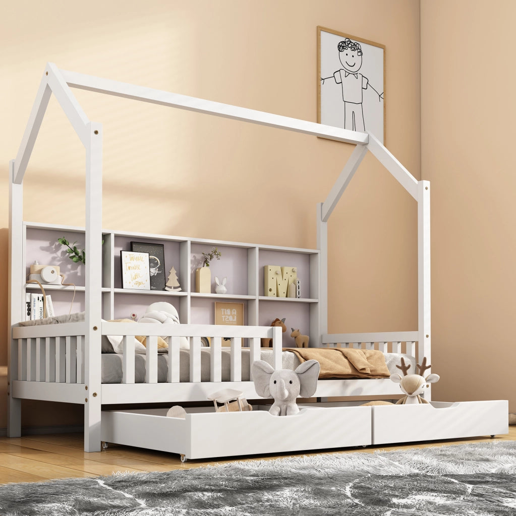 Letto a casetta per bambini 90x200 cm bianco con cassetti