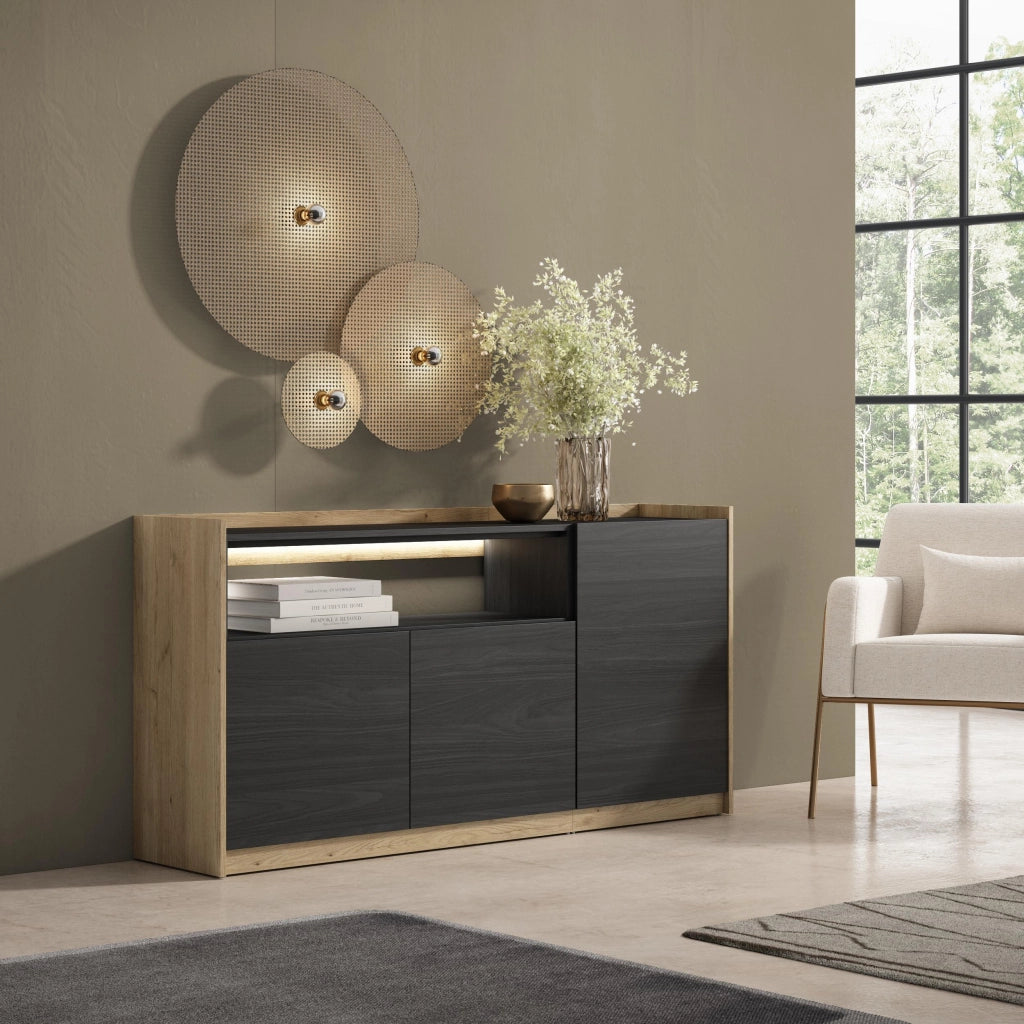 Credenza, Mobile, Cucina, 156x80x37 cm, 3 Porte, LED, Nero e rovere