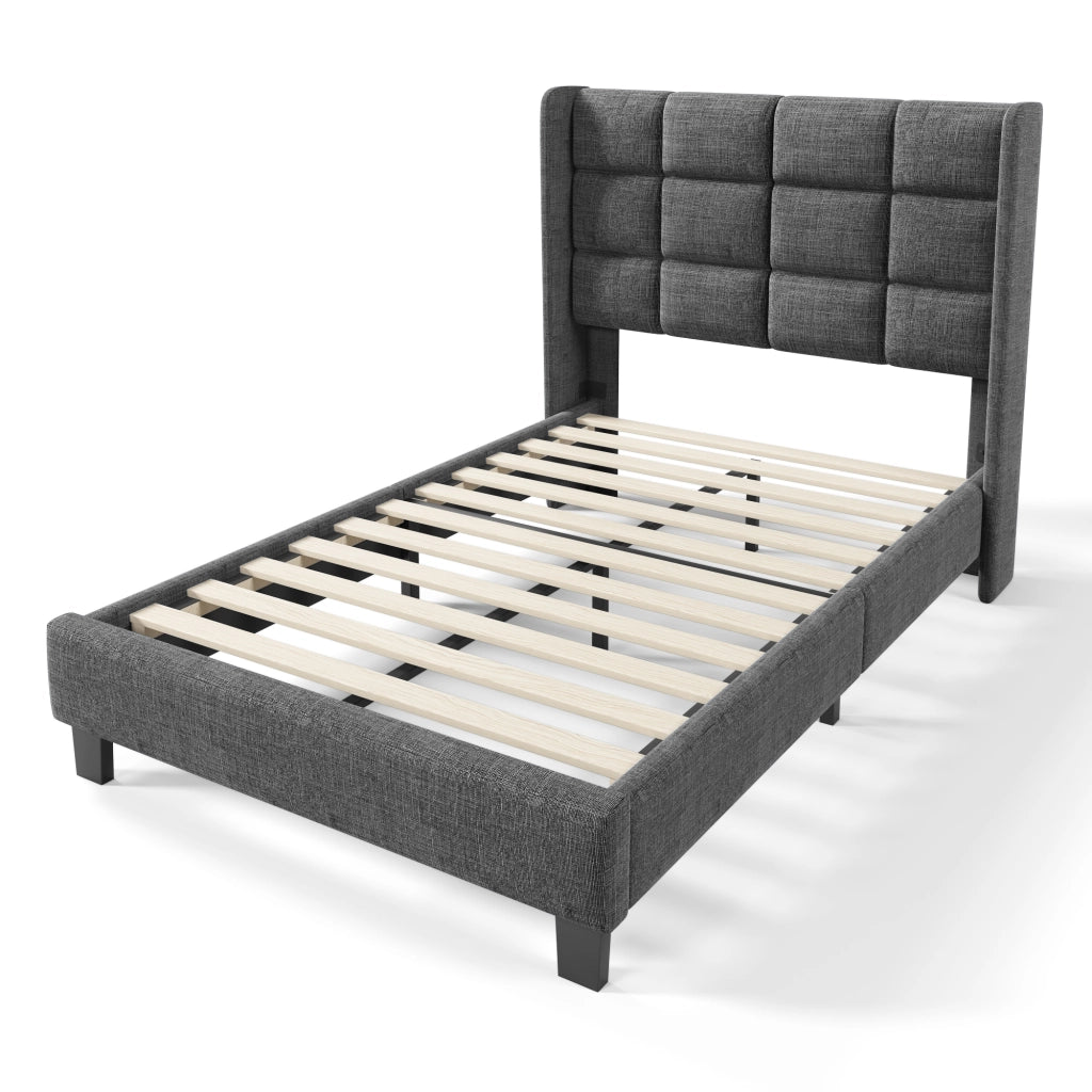 LETTO Imbottito 90x200 cm Lino Grigio con rete a doghe