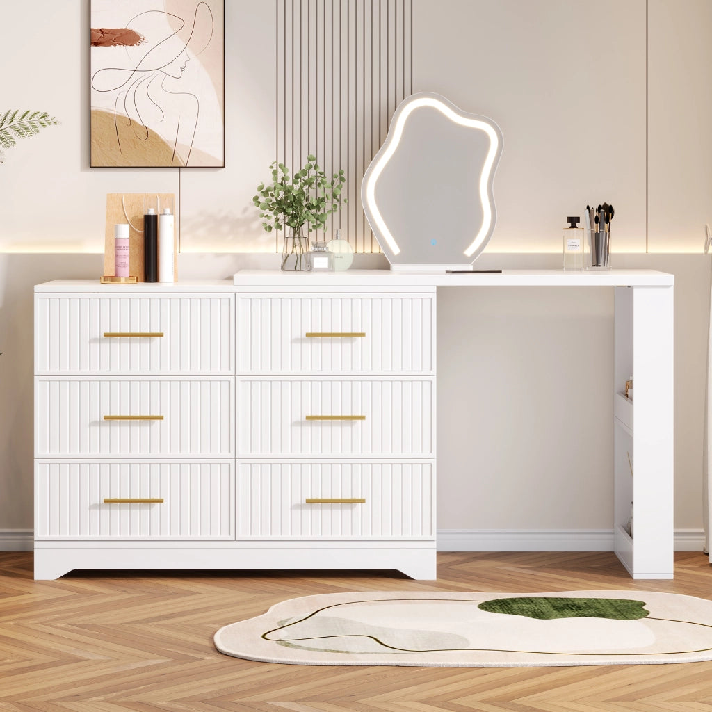 Toeletta girevole con specchio LED, design a L, bianco e oro, 110¡Á40¡Á129 cm
