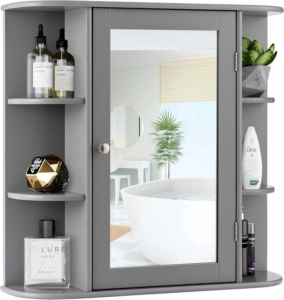 Armadietto Bagno a Parete, Mobiletto Pensile con Ante di Specchio, 6 Scomparti Laterali e 4 Ripiani di Stoccaggio, 3 Colori Disponibili, 66x16,5x63cm (Bianco)