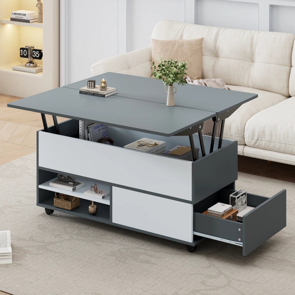 Tavolino Da Caffè Sollevabile con 1 Cassetto e 1 Armadio; Piani Idraulici; con Ruote; Stile Moderno; in Pannello Truciolare; Grigio E Bianco; 100×98×65 cm