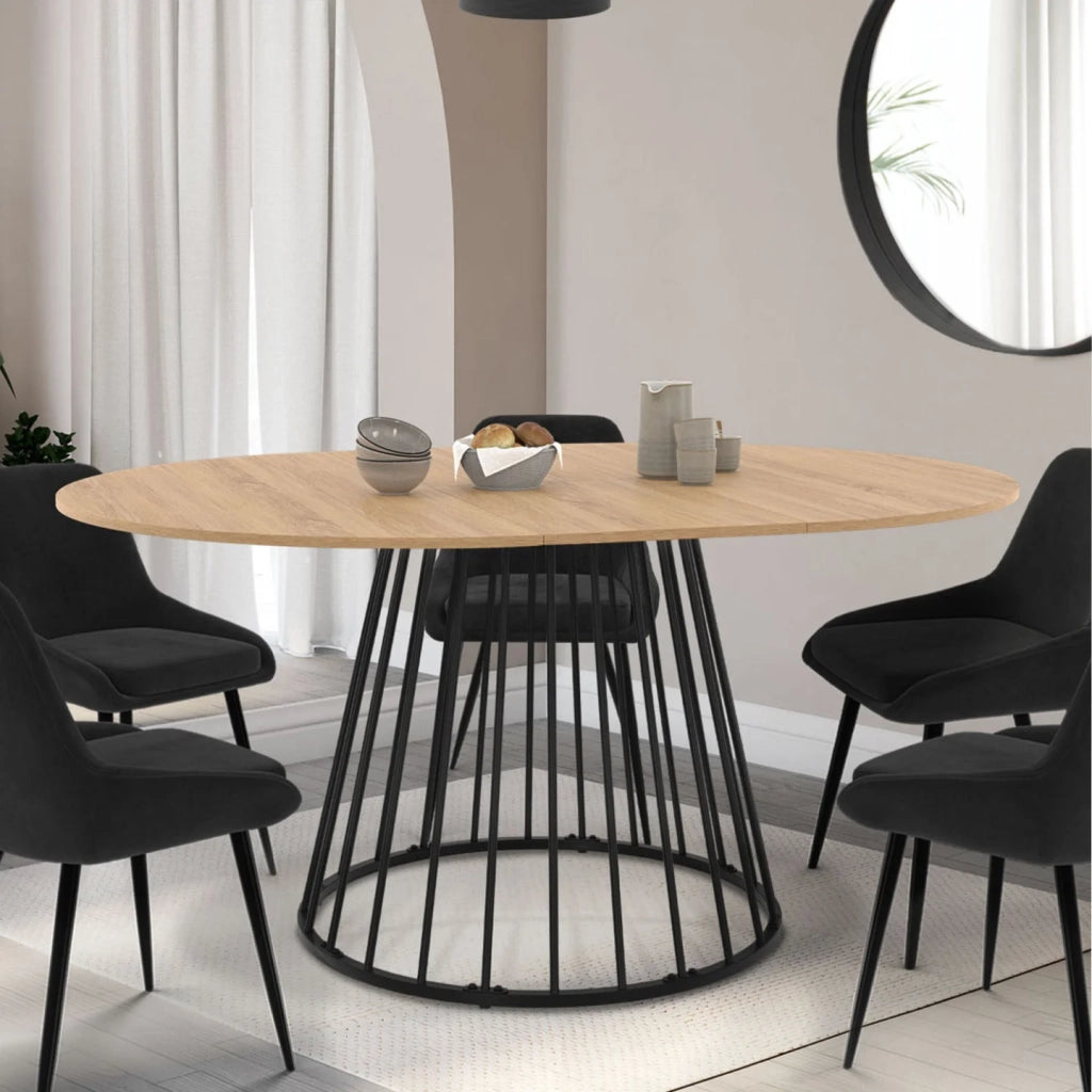 IDMarket - Tavolo da pranzo rotondo allungabile YUNA 4-8 persone con piano in legno e gamba in filo metallico nero 110 - 150 cm