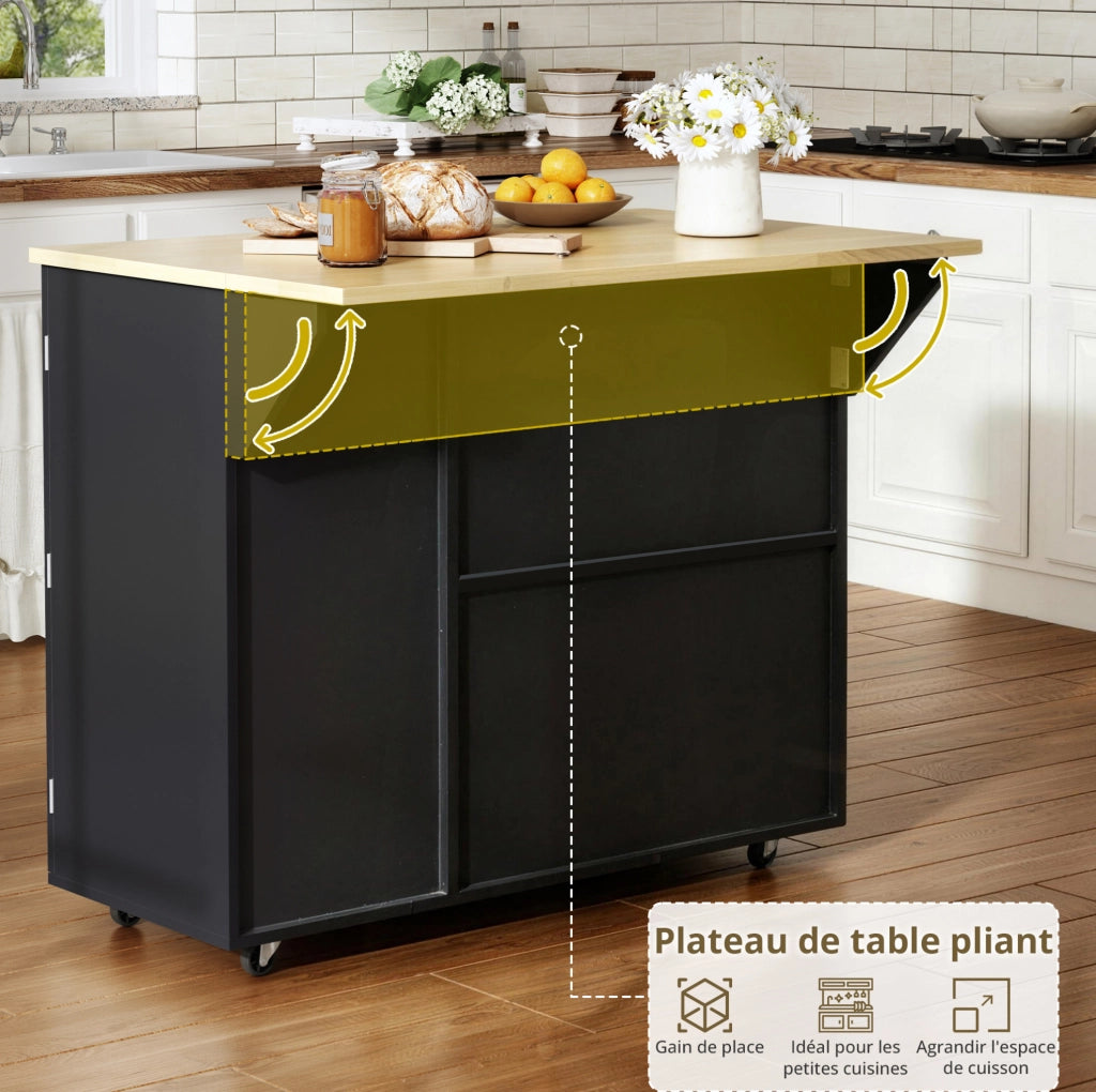 Carrello isola da cucina pieghevole 104x45(69)x89 cm in MDF naturale e nero