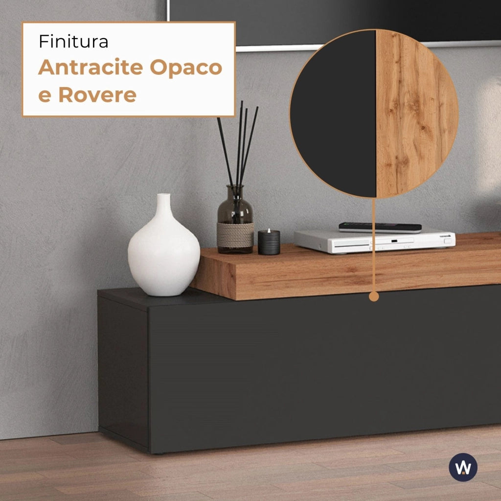 WHOUS Mobile porta tv Chronos estensibile con 1 anta a ribalta antracite/rovere 180/290x40x51 cm