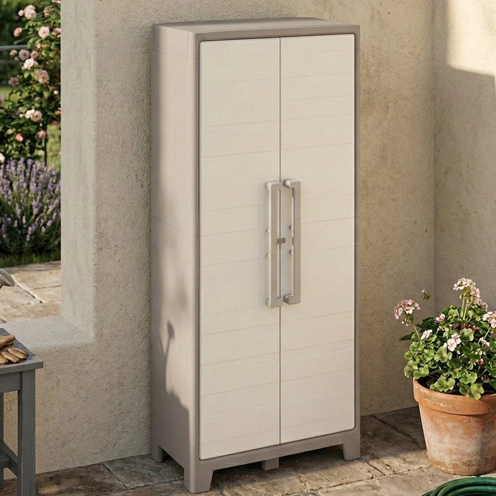 Armadio da esterno Grimsby, Mobile outdoor, Mobiletto giardino multiuso, Contenitore per balcone o garage, Made in Italy, 80x44 h182 cm, Sabbia