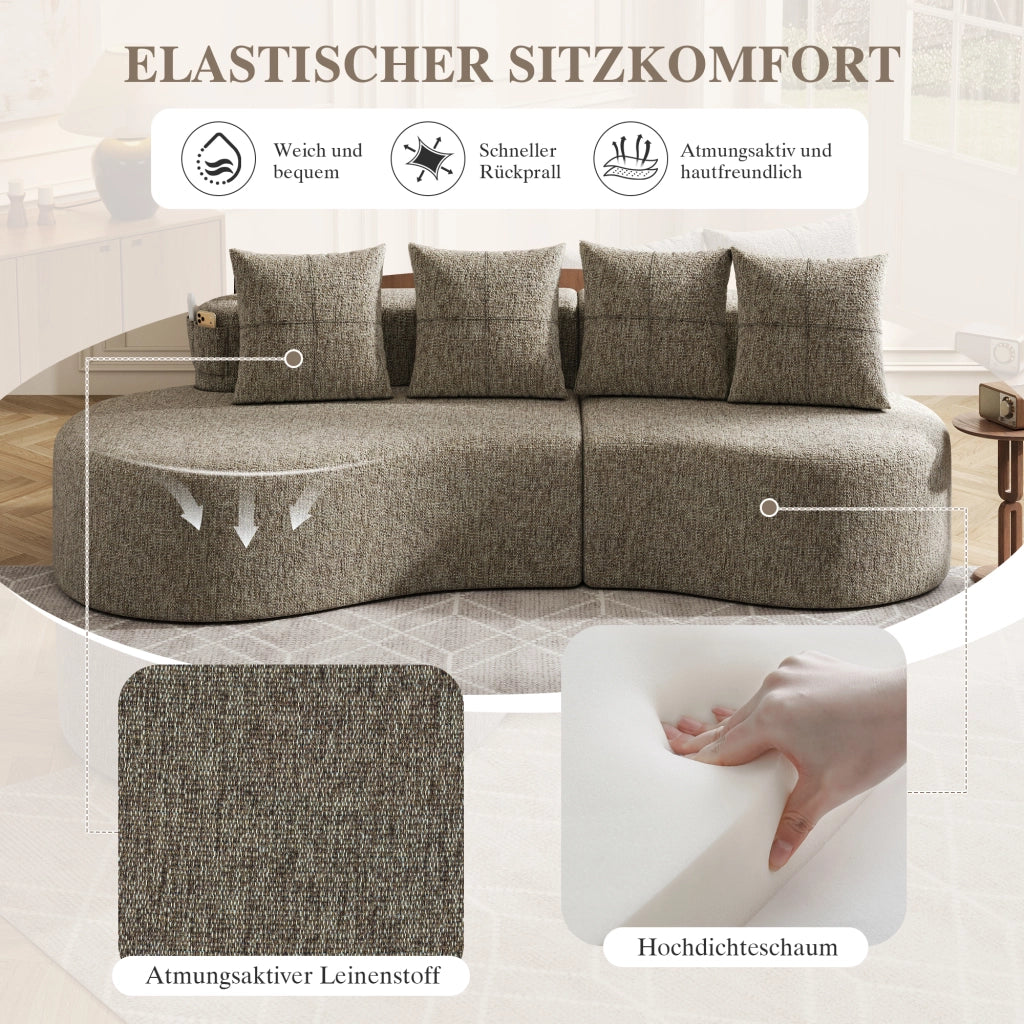 Divano in lino con portabicchieri, tasche laterali e 4 cuscini, seduta ampia e comfort quotidiano, khaki