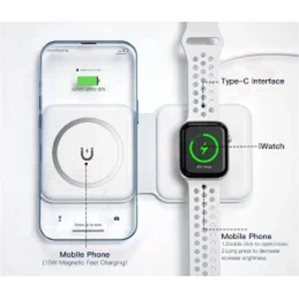 Trade Shop - Caricabatterie Wireless Magnetico 15w 2in1 Qi Smartphone Airpods Smartwatch C3547 -