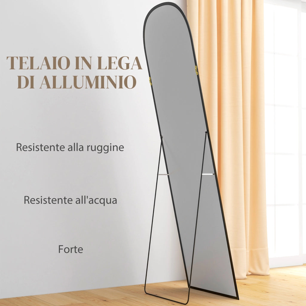 Specchio da Terra e Parete Moderno in Lega di Alluminio con Supporto Pieghevole. 50x170 cm. Nero