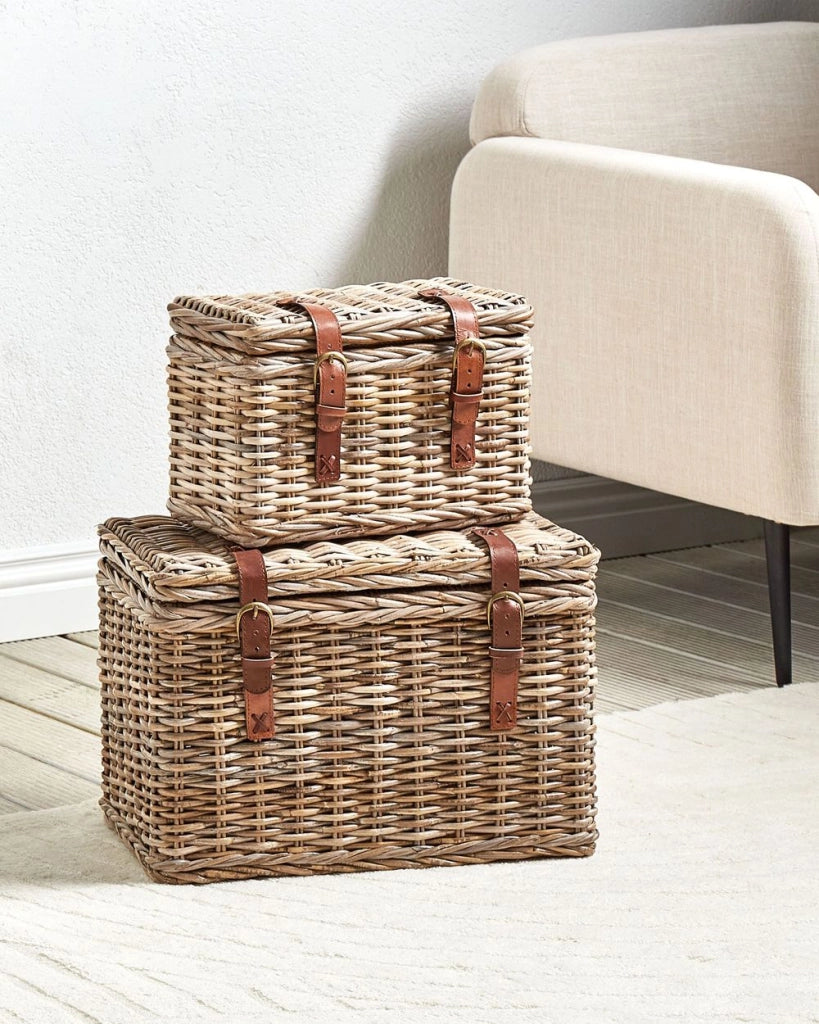 Set di 2 scatole in rattan telaio naturale in mogano con cinghie in pelle coperchi fatti a mano stile boho naturale