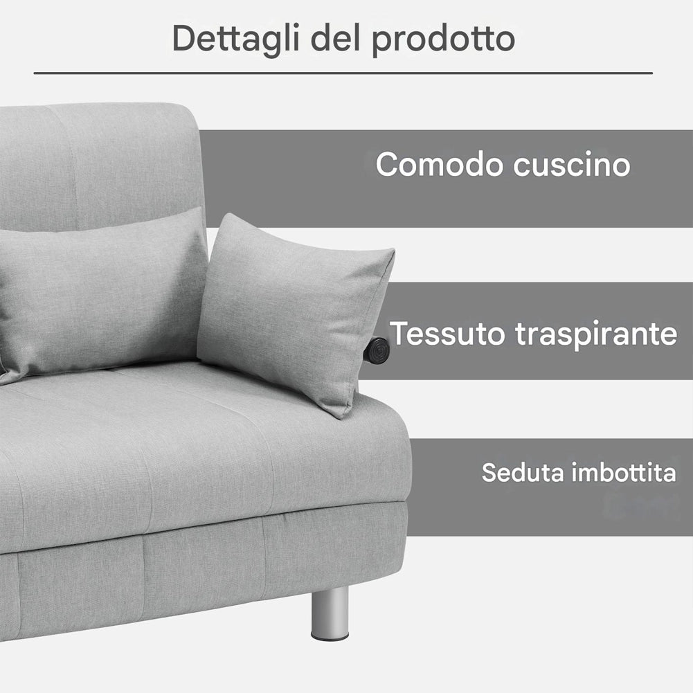 Divano Poltrona Letto 2 Posti una Piazza e mezza Ferro Tessuto Reclinabile Grigi