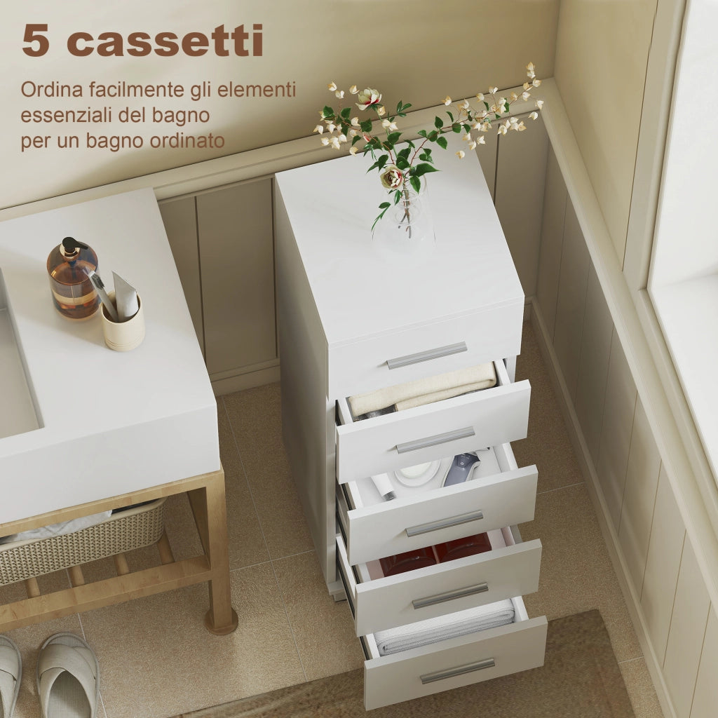 Cassettiera a 5 Cassetti 30x30x95 cm Piedini Regolabili in Legno FSC Bianco