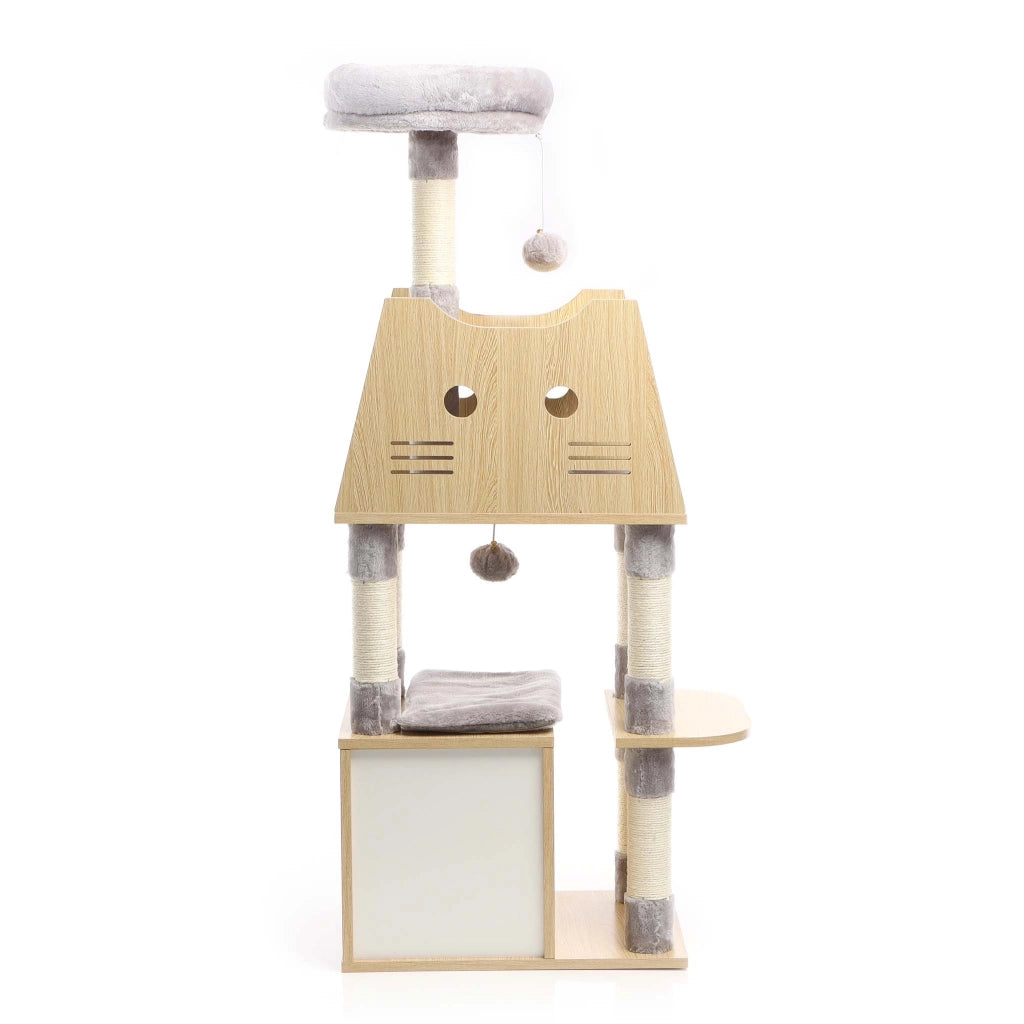 Fudajo Albero tiragraffi Legno grigio 126cm Con casetta per gatti, nicchia, colonne in sisal, cuccia