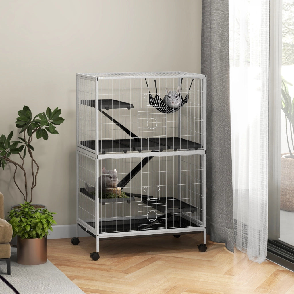 Gabbia per Piccoli Animali con Ruote, Rampa, Amaca e Vassoio Estraibile - Zephmum - Bianco 80x52x128 cm